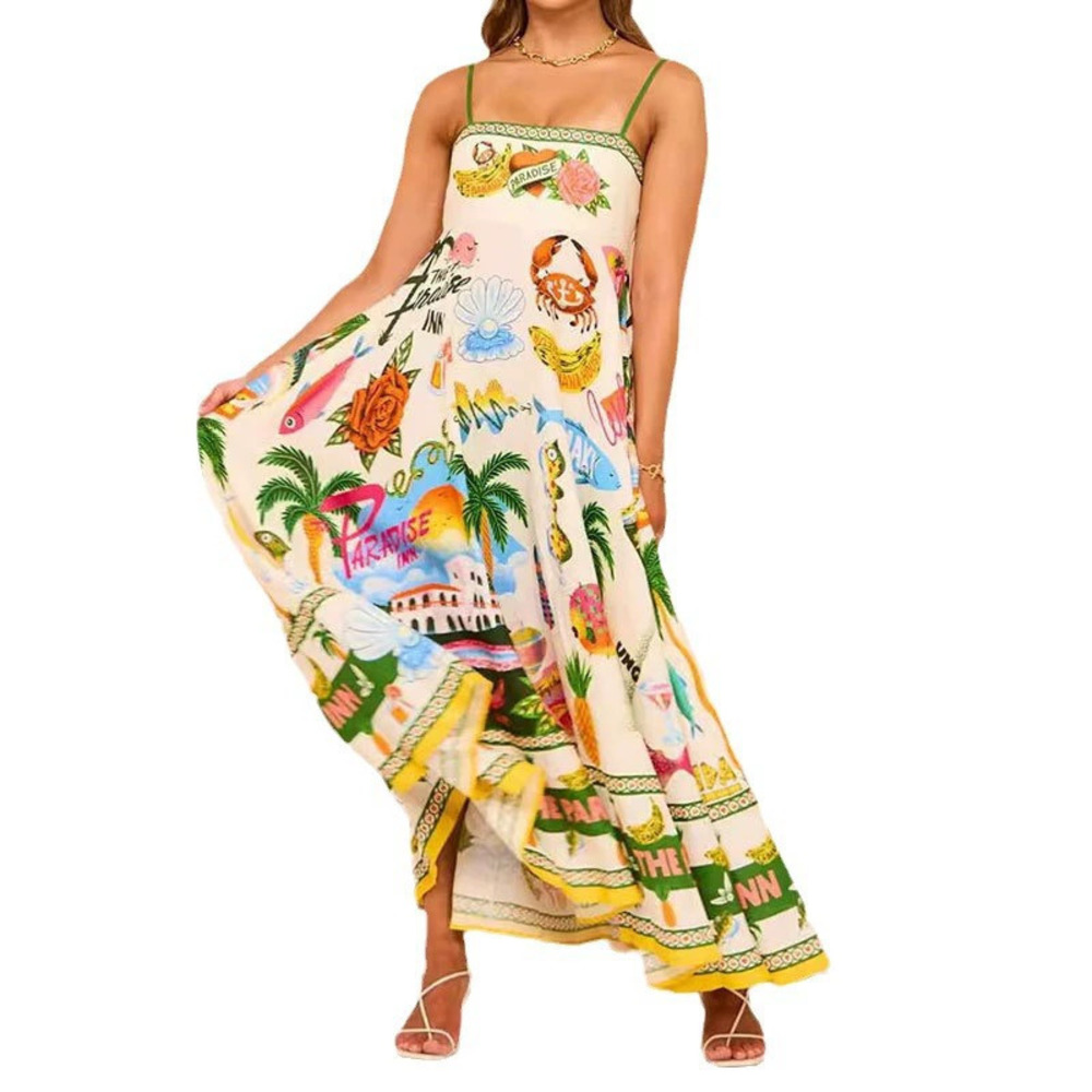 ZARA Summer Vacation Graffiti Print Flared Maxi Spaghetti Strap Dress
